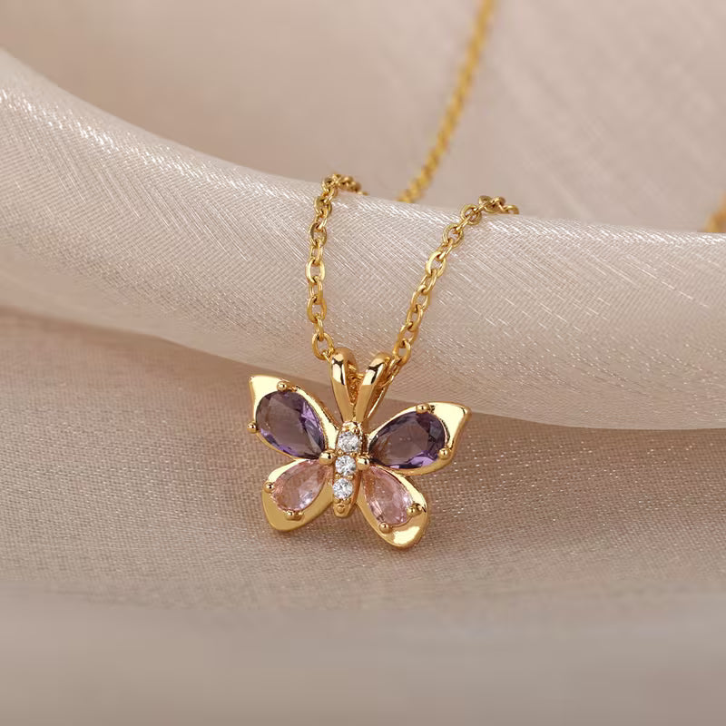 Collar de Mariposa de Cristales Lila y Acero Inoxidable