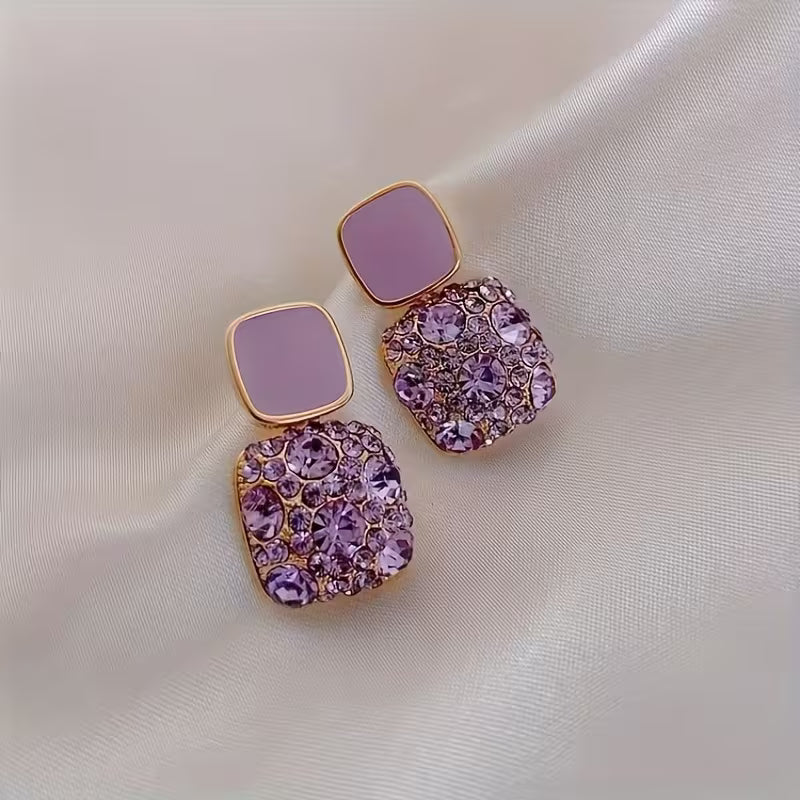 Pendientes Colgantes de Piedra Sintética y Rhinestones Morados Brillantes
