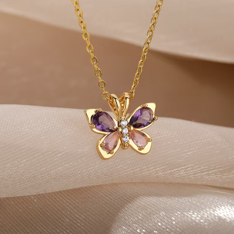 Collar de Mariposa de Cristales Lila y Acero Inoxidable