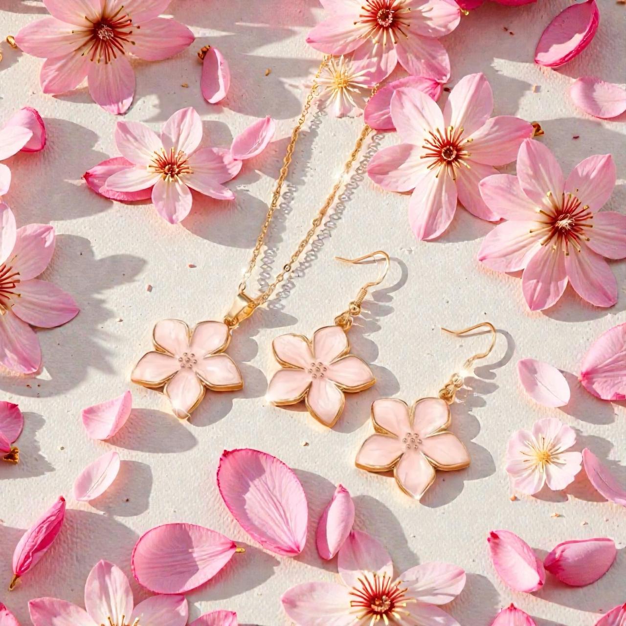 Set Floral Rosa – Collar y Aretes con Detalle Nacarado