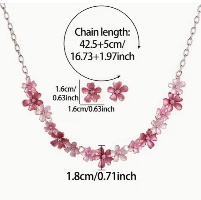 Set Floral Rosa – Collar y Aretes con Acabado en Oro de 18K
