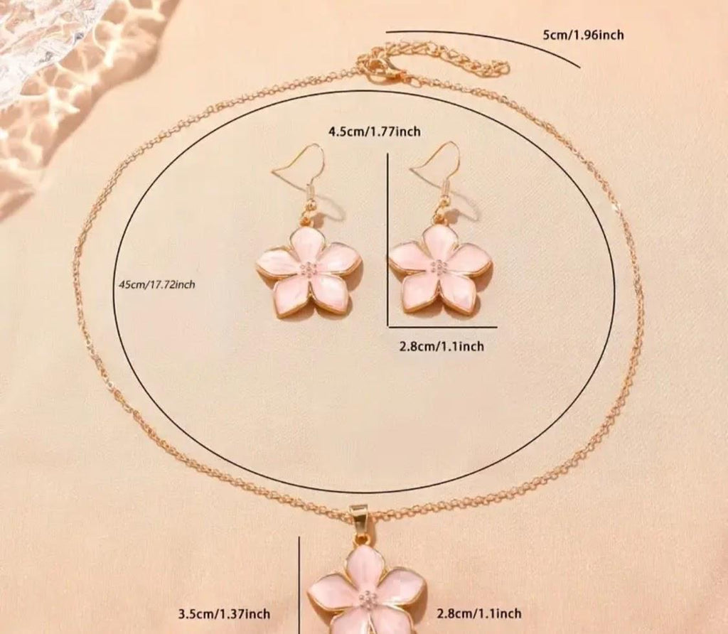Set Floral Rosa – Collar y Aretes con Detalle Nacarado