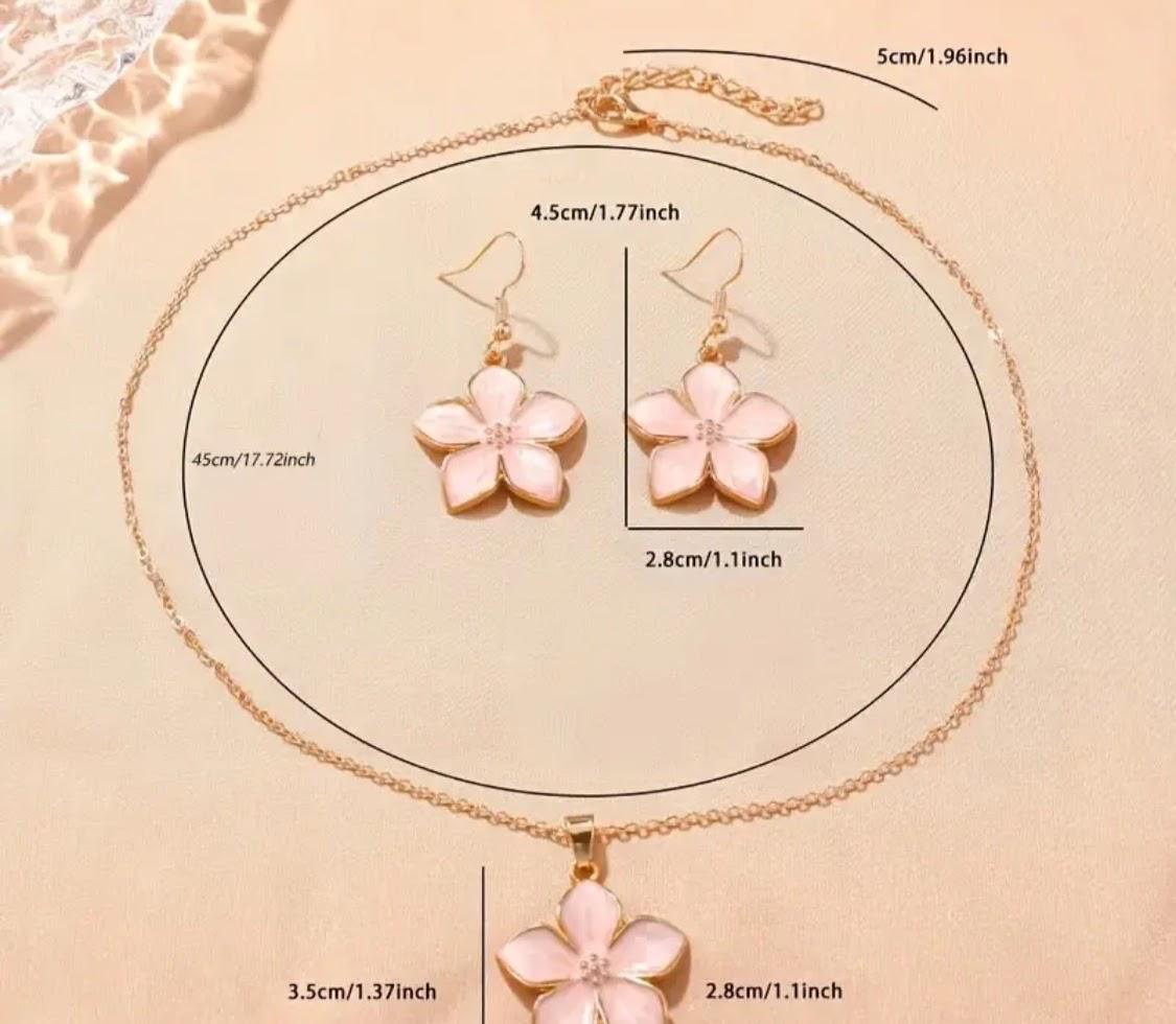 Set Floral Rosa – Collar y Aretes con Detalle Nacarado